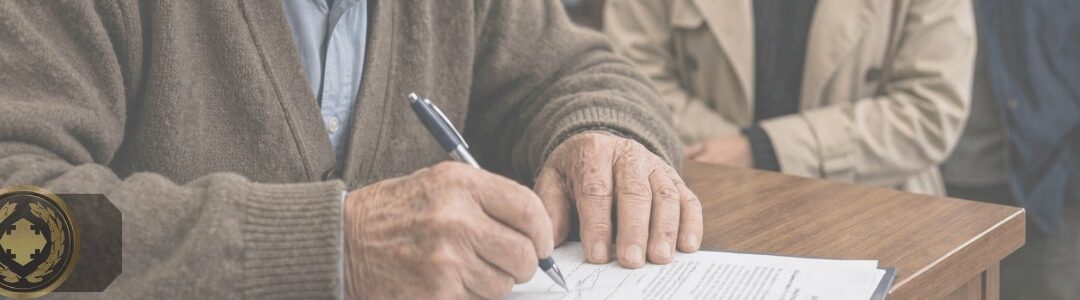 funcionário de cartório analisando certidão com atenção na mesa, ambiente organizado e institucional